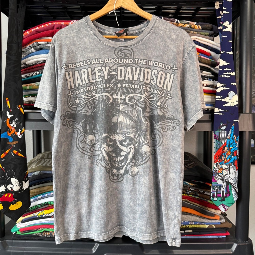 Y2K Gray Acid Wash Harley-Davidson Jester Graphic T-Shirt Medium